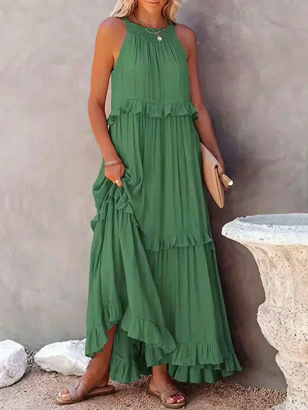 Women's Sleeveless Ruffle Day-to-Evening Midi Dress — close-up