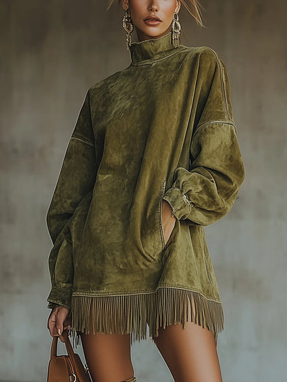 Olive green velvet turtleneck mini dress with fringe hem detail — front view