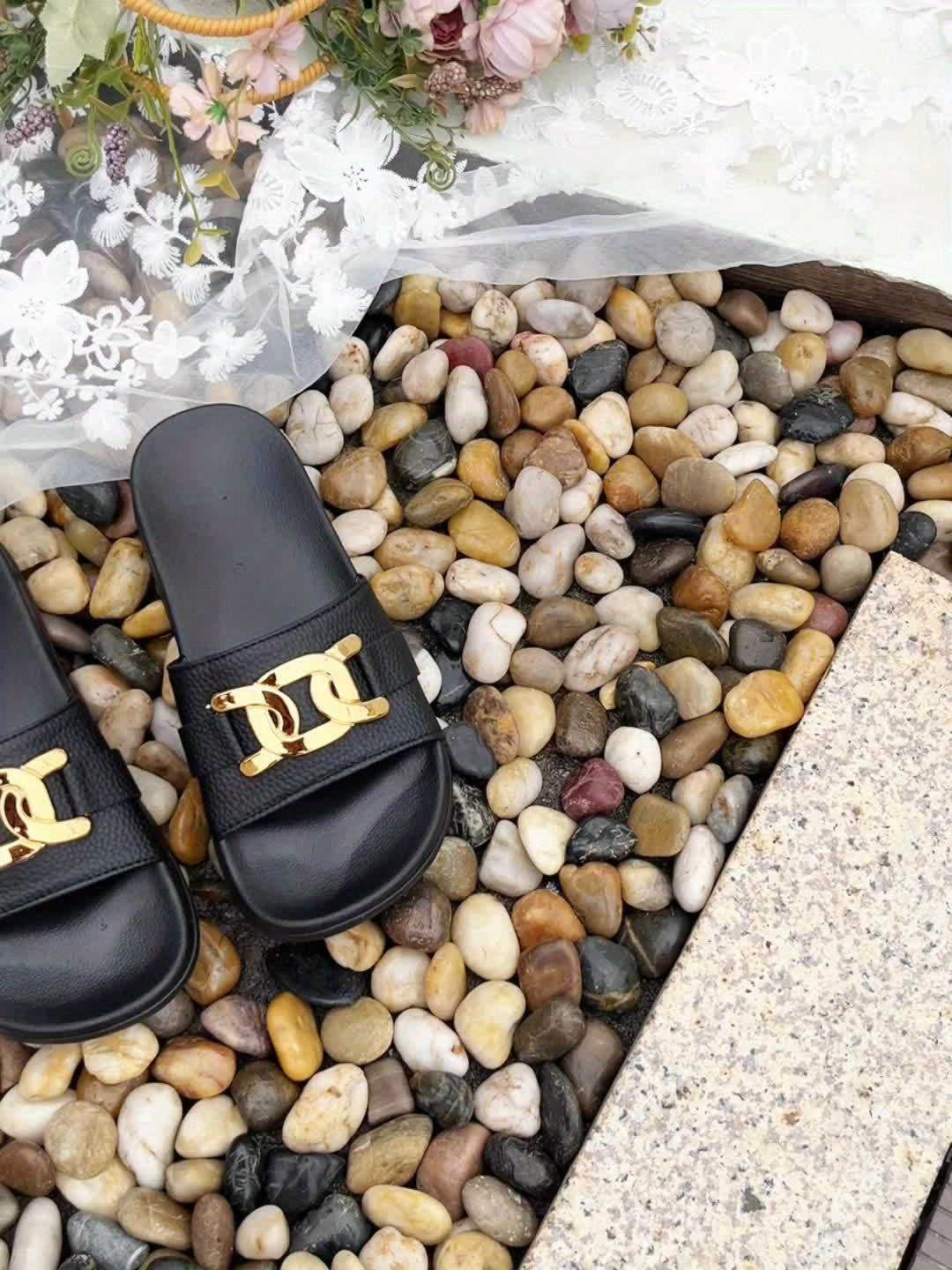 Women's Black Slip-On Flat Sandals — detail view