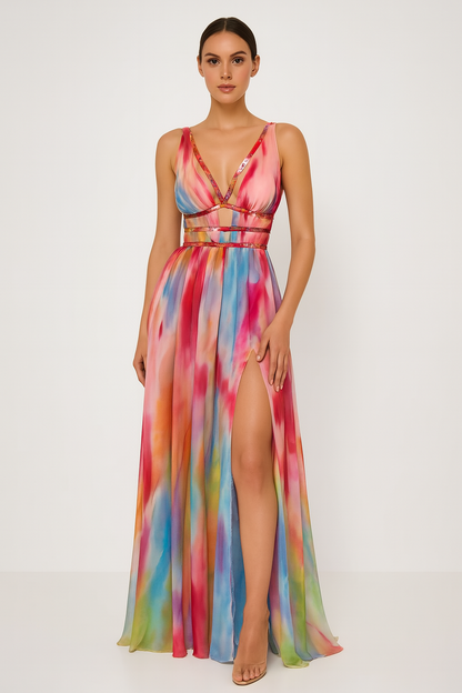 Women's Painted Print Vacation Maxi Dress — front view