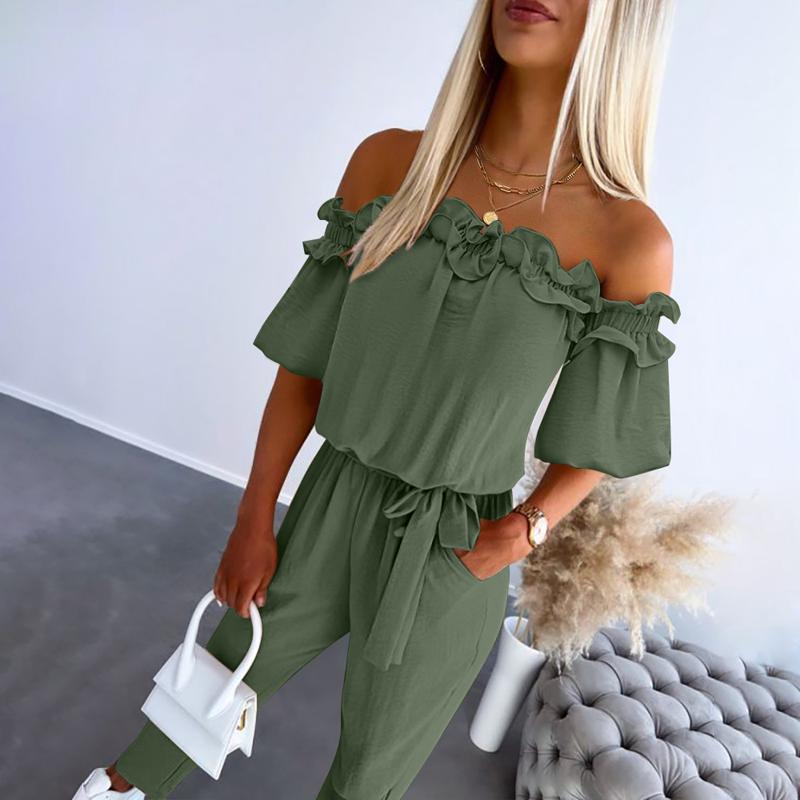 Women's Off-Shoulder Frill Tie-Waist Jumpsuit — detail view