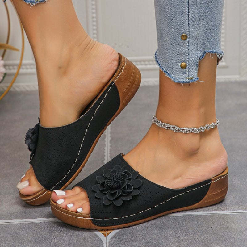 Women's Flower Wedge Slip-On Open Toe Slides — close-up