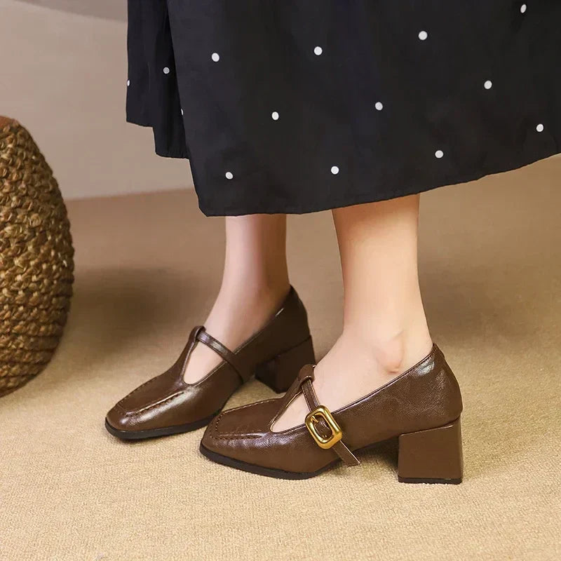 Women's Square Toe Mary Jane Block Heel Gold Buckle — product view