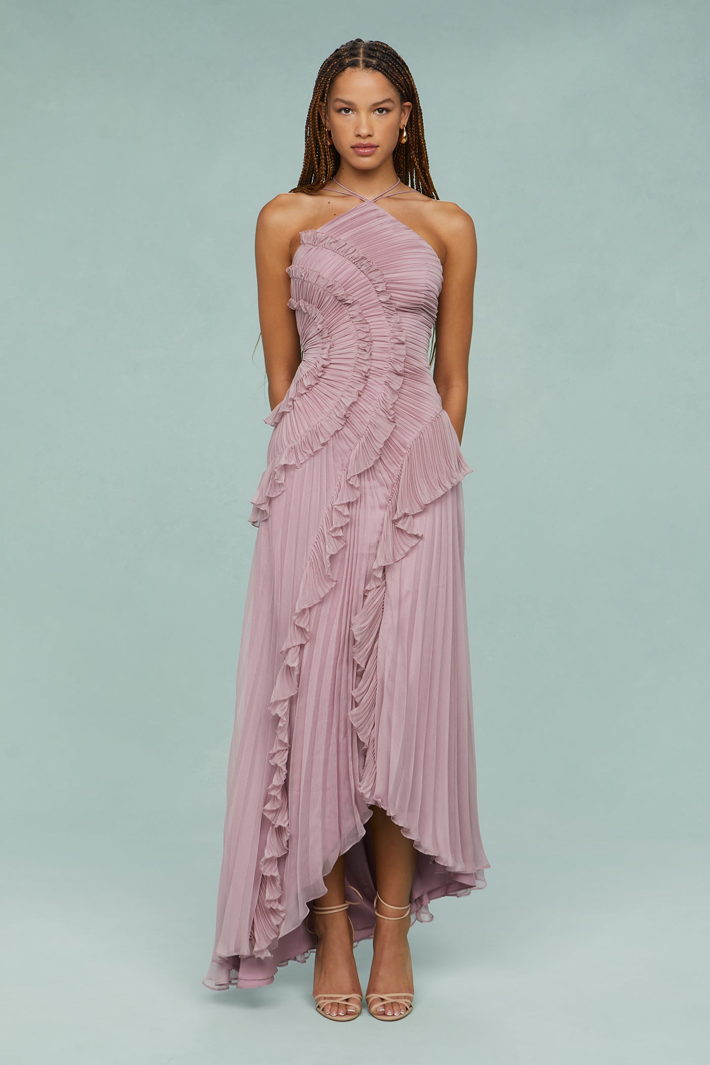 Women's Halter Wedding Guest Midi Dress — detail view