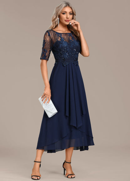 Women's Navy Lace Cocktail Midi Dress — side view