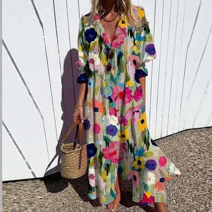Colorful floral print maxi dress with button-front and short sleeves — front view