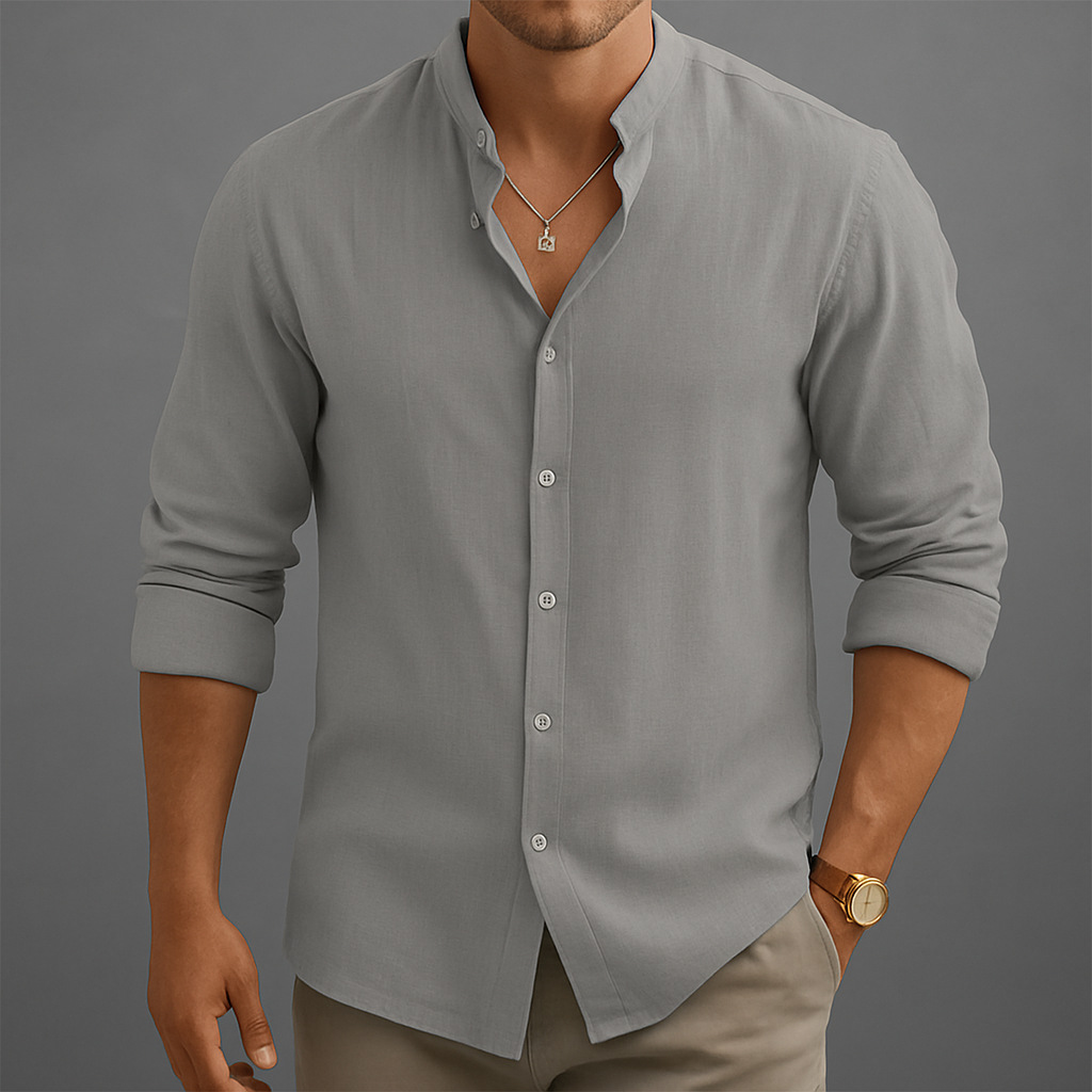 Men's Pure Linen Band Collar Shirt — side view