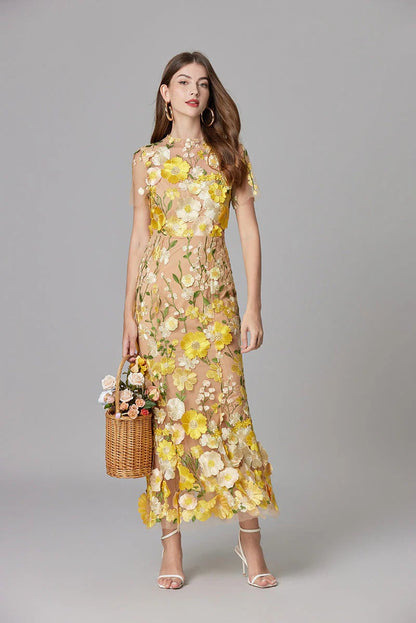 Women's Floral Appliqué Summer Gala Maxi Dress — front view