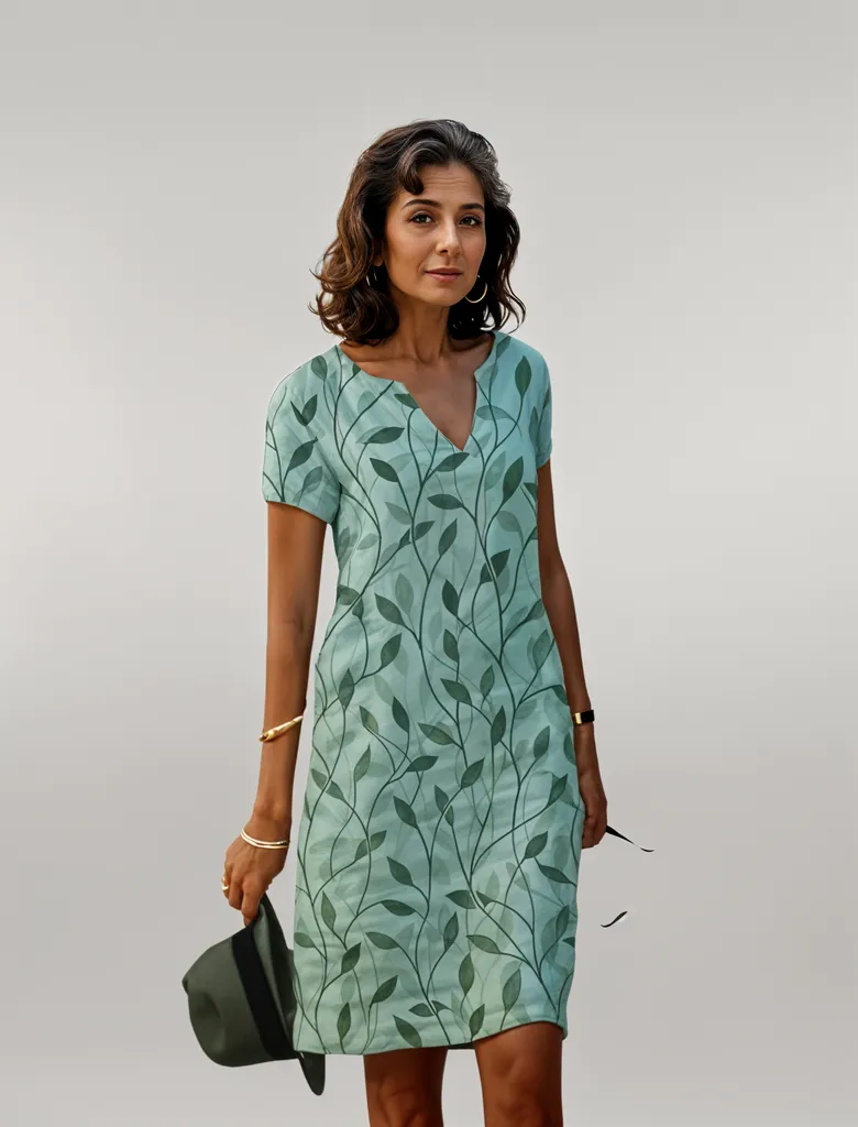 Women's sage green A-line midi dress with dark leaf print pattern — front view