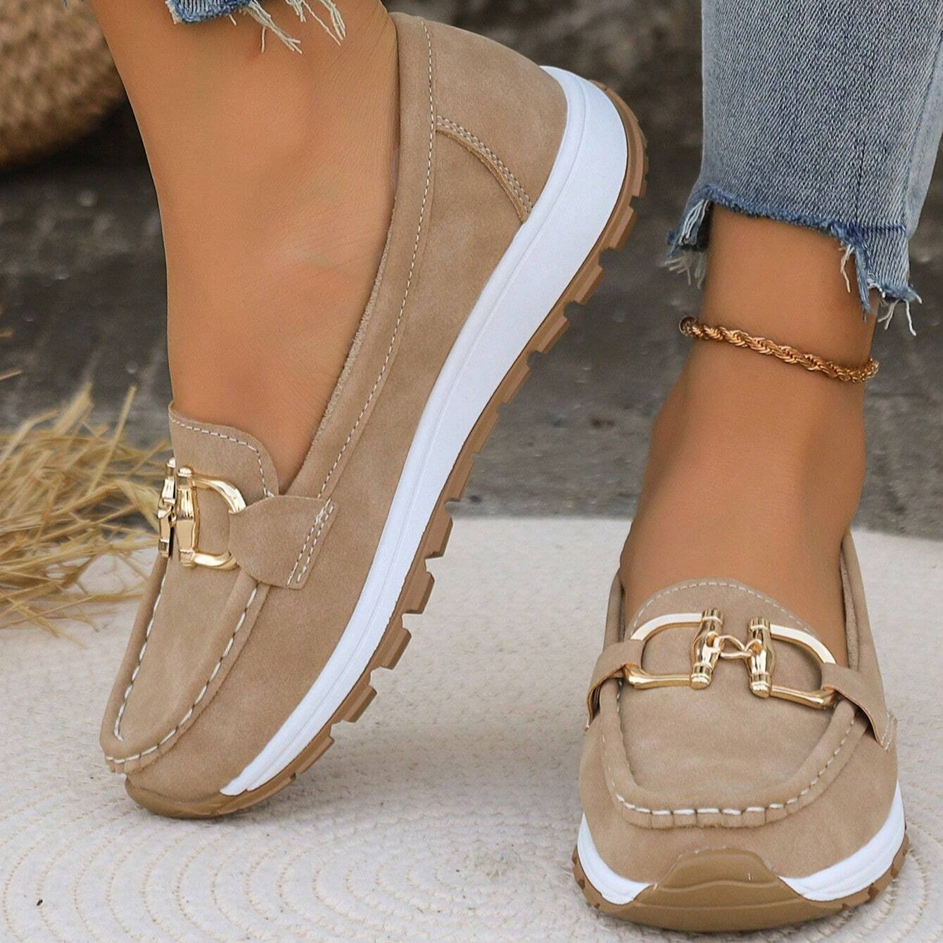 Women's Gold Buckle Comfort Loafers — front view