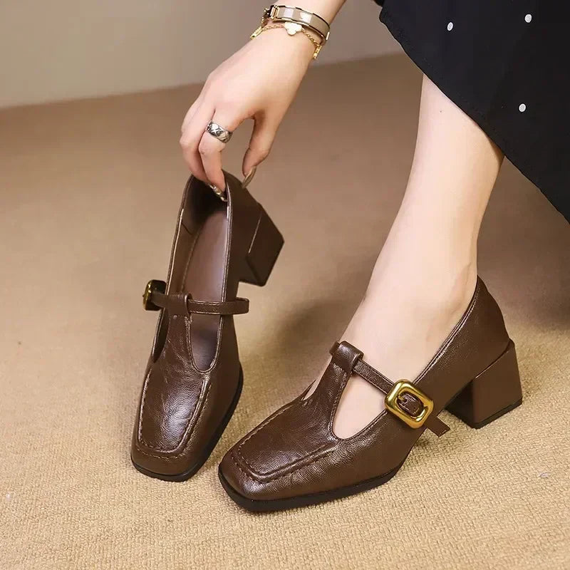 Brown square toe Mary Jane block heel shoes with gold buckle strap — angled front view being held