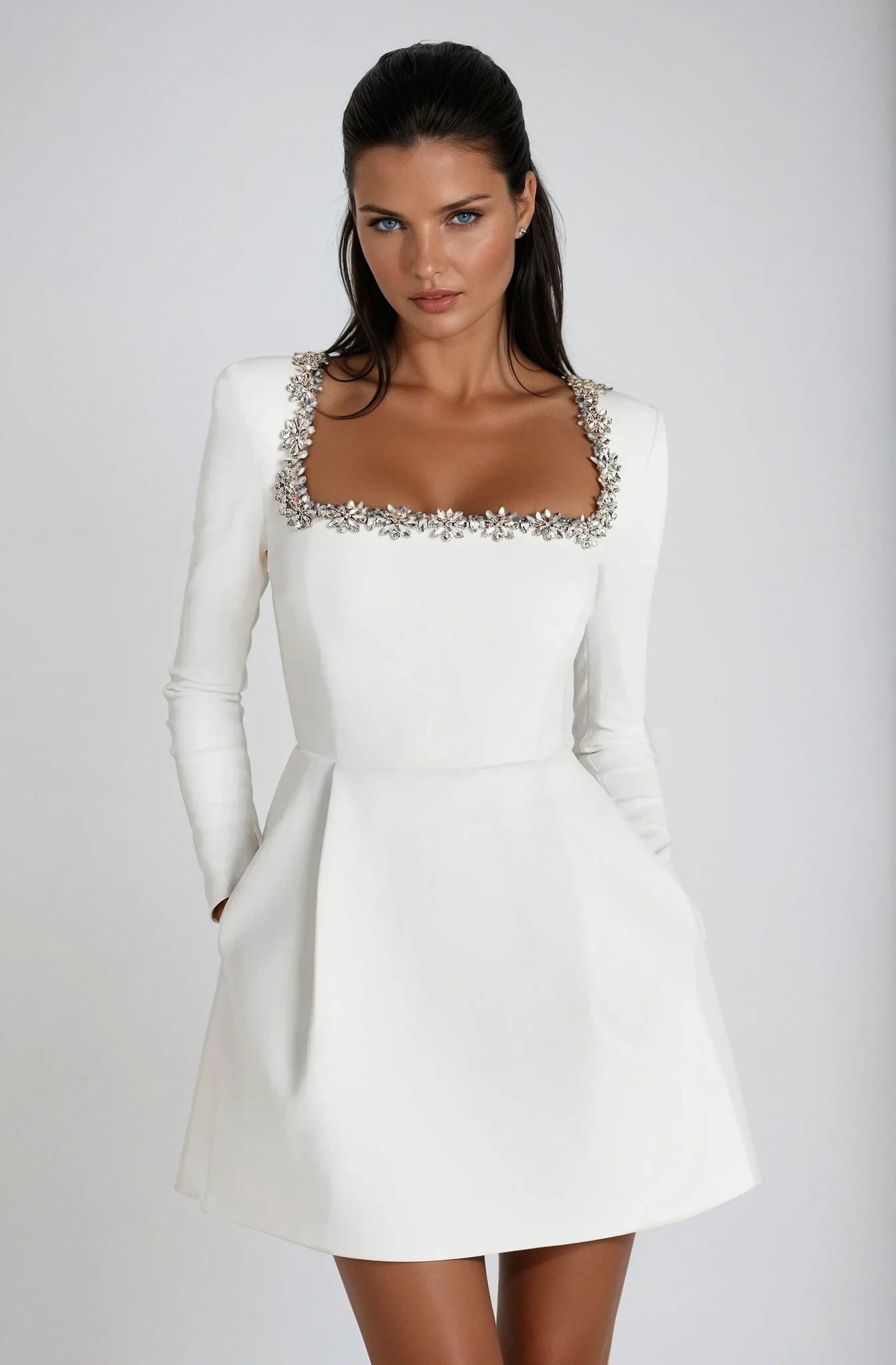 Long Sleeve Velvet Mini Dress with Embellished Neckline