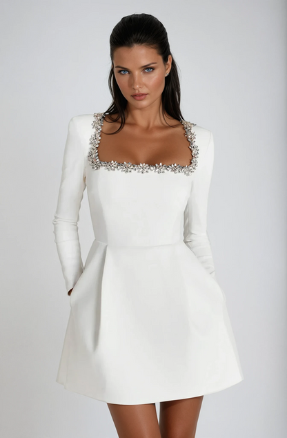 Long Sleeve Velvet Mini Dress with Embellished Neckline