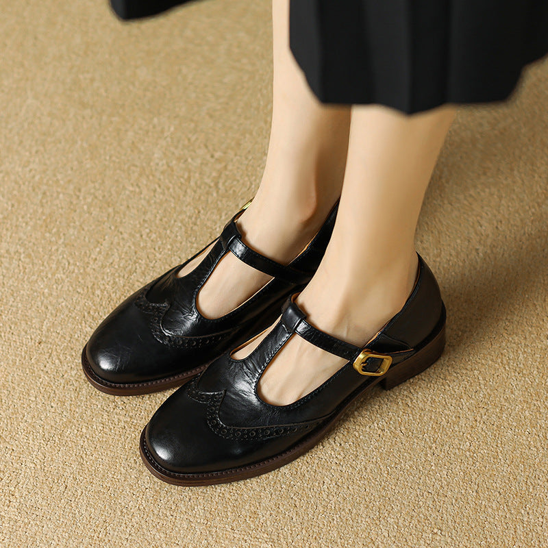 Women's Leather Brogue T-Strap Mary Janes — detail view