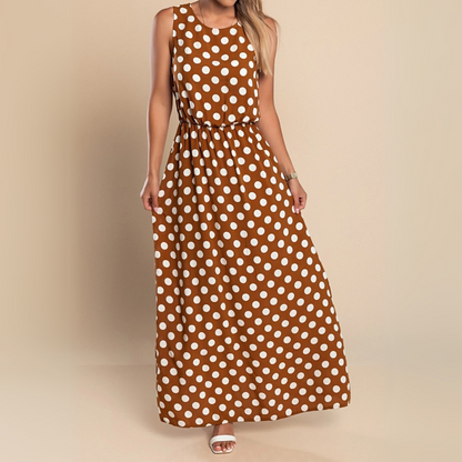 Brown polka dot sleeveless maxi dress with cinched waist — front view
