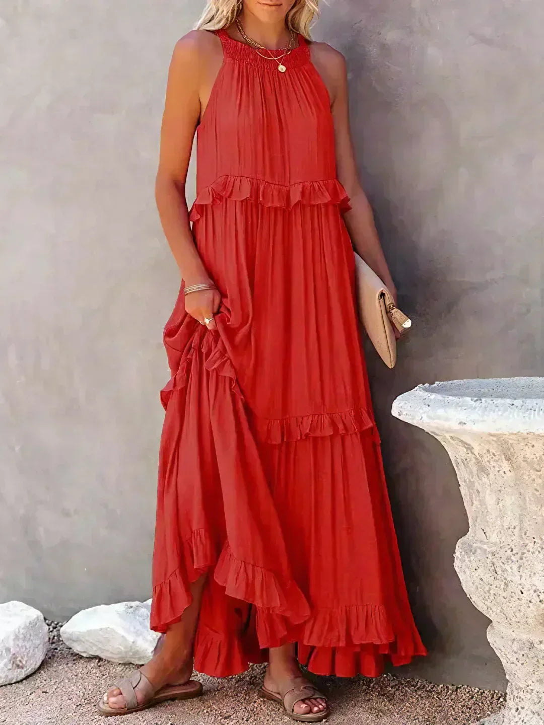 Women's Sleeveless Ruffle Day-to-Evening Midi Dress — front view