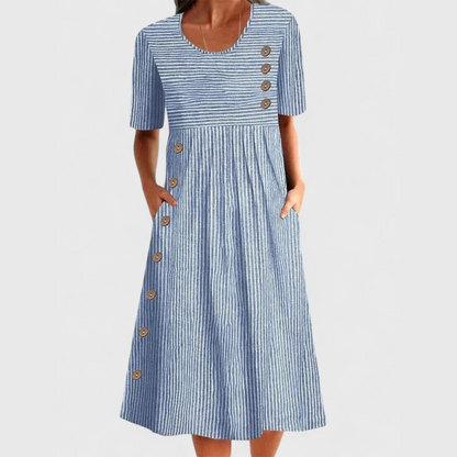 Blue and white striped midi dress with button detail and pockets — front view