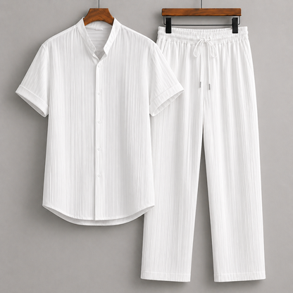 Button-Up Linen Shirt & Drawstring Pants Set for Men