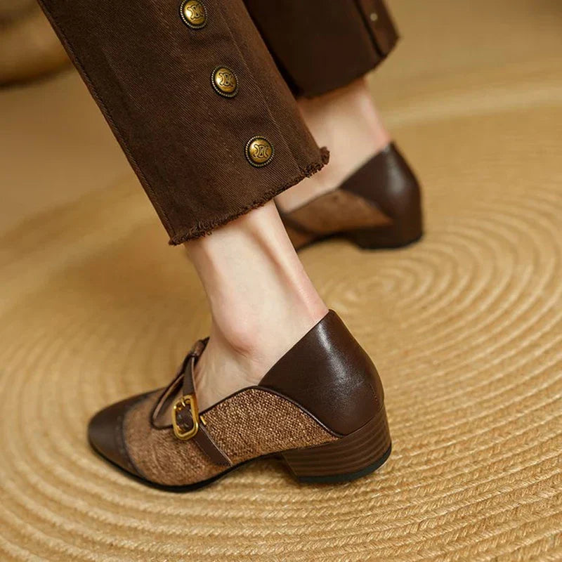 Women's Two-Tone T-Strap Mary Jane Vintage Low Heel — close-up