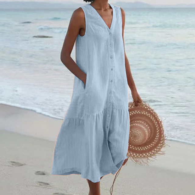 Sleeveless Button-Front Tiered Midi Dress for Women