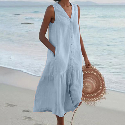 Sleeveless Button-Front Tiered Midi Dress for Women