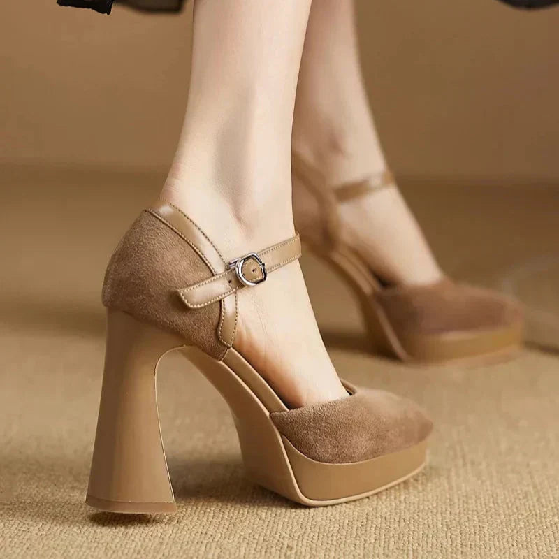 Women's Platform Block Heel Pumps Ankle Strap High Heels — side view