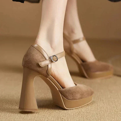 Women's Platform Block Heel Pumps Ankle Strap High Heels — side view