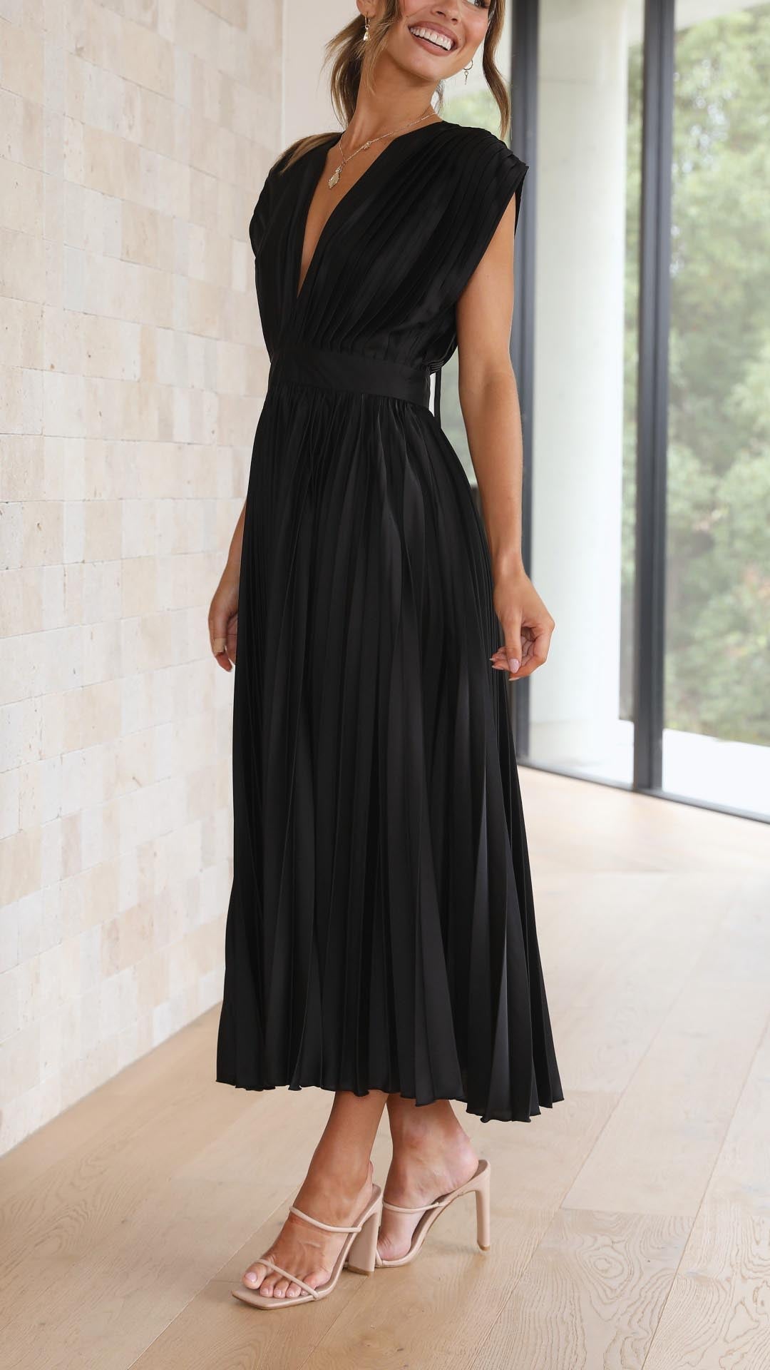 Women's Pleated Formal Evening Maxi Dress — front view