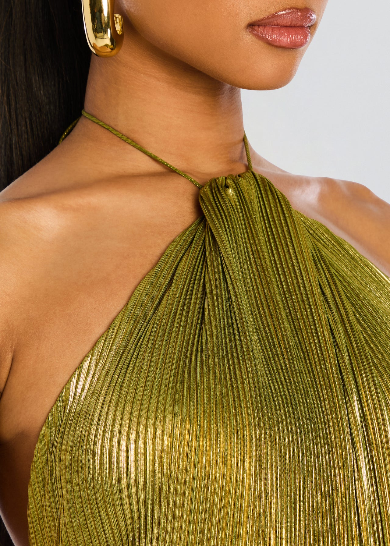 Halter Neck Metallic Pleated Maxi Dress for Women
