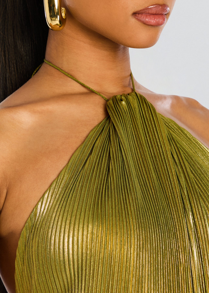 Halter Neck Metallic Pleated Maxi Dress for Women