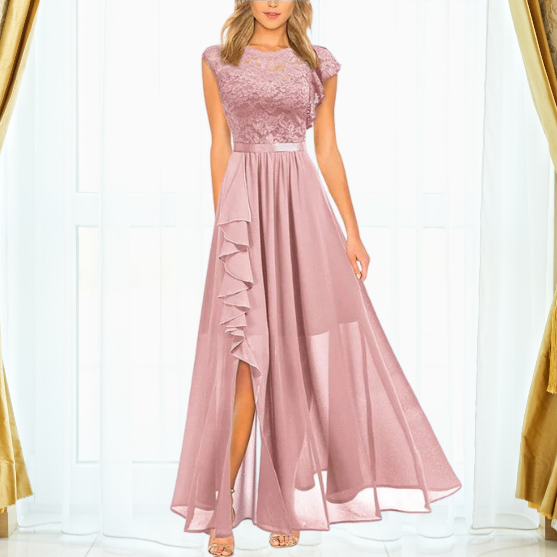Women's Lace Chiffon Evening Maxi Dress — detail view