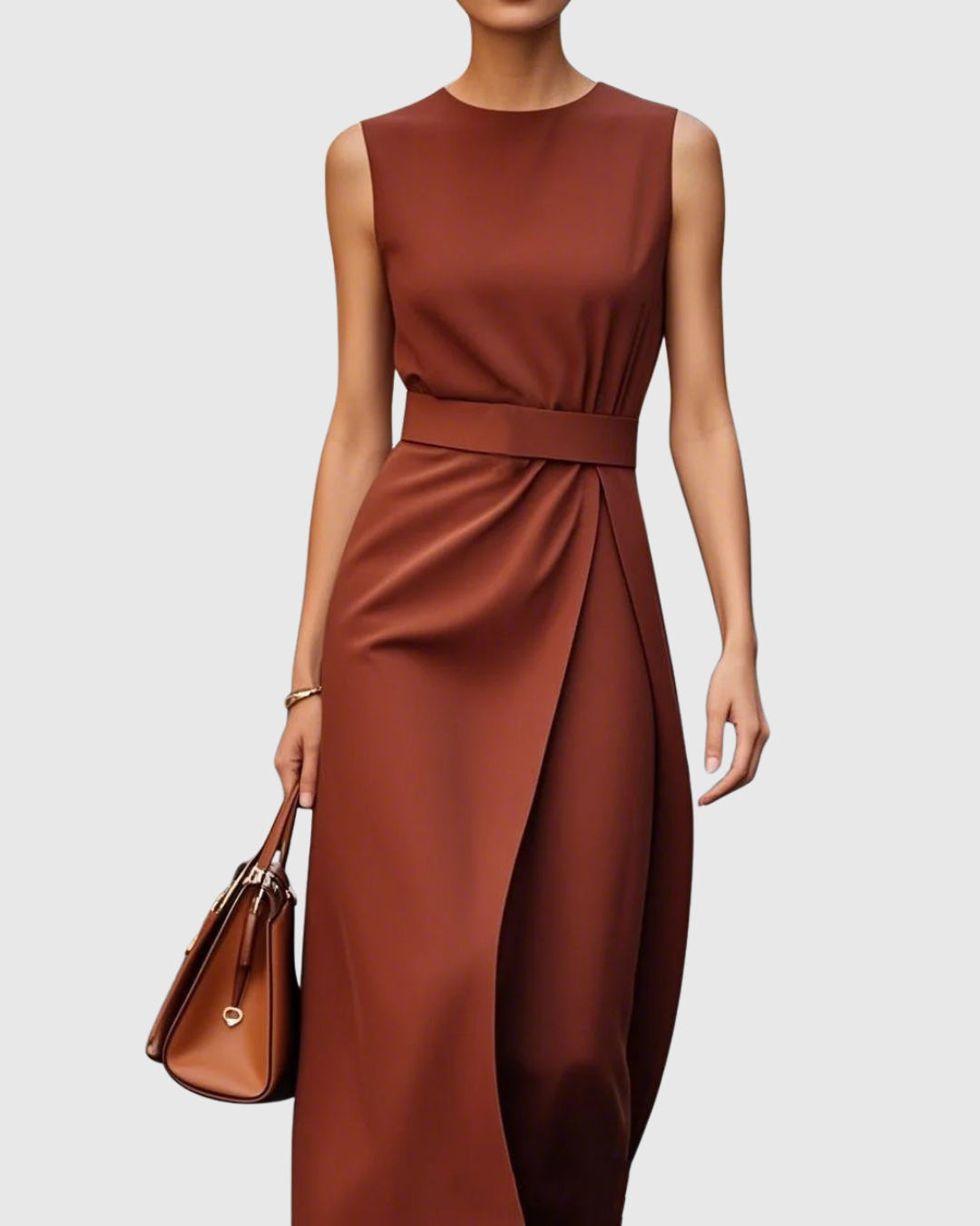 Rust brown sleeveless midi dress with draped waist detail and side slit — front view