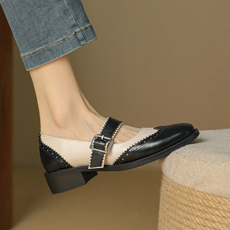 Women's Two-Tone Leather Mary Jane Brogue T-Strap Shoes — product view