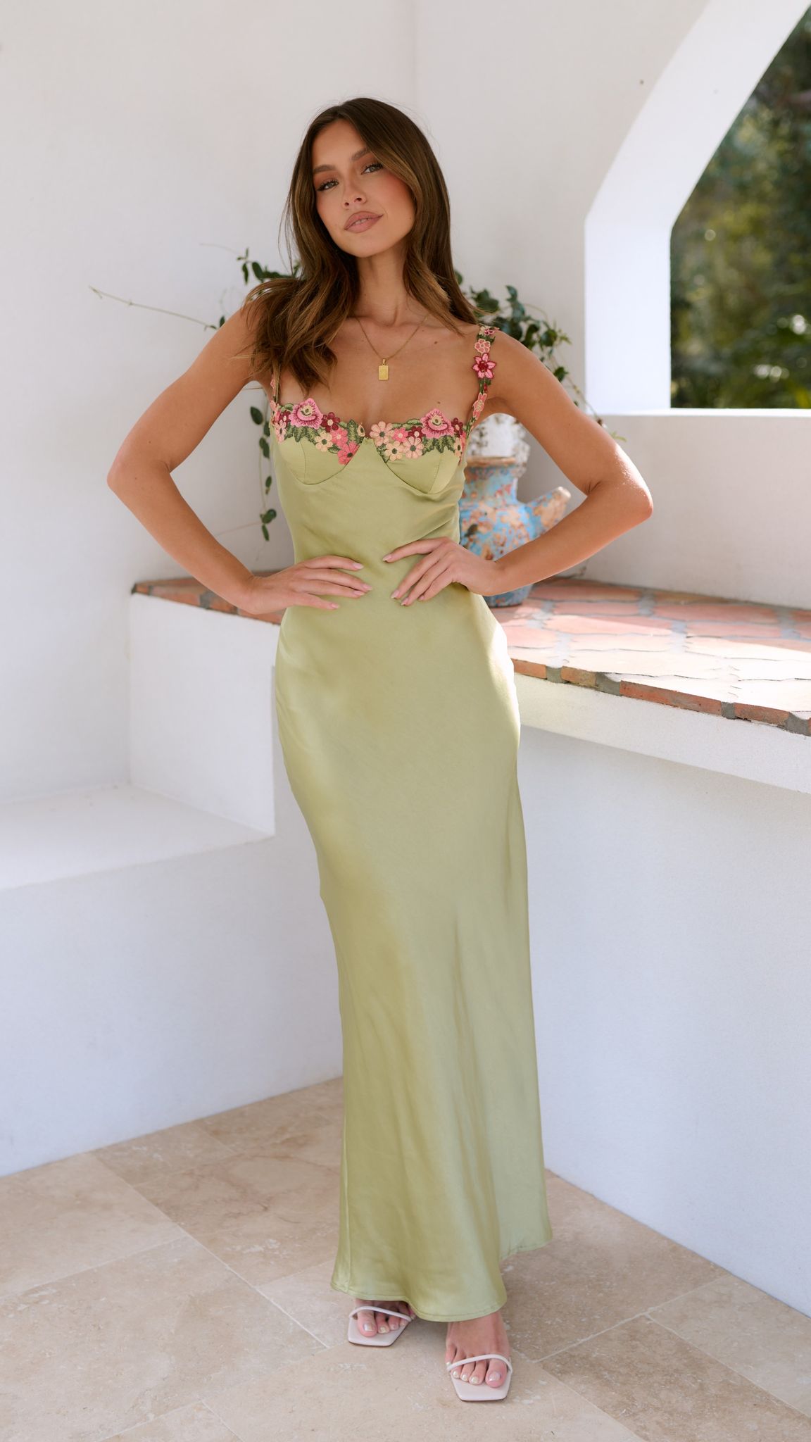 Women's Embellished Evening Wedding Guest Maxi Dress — front view