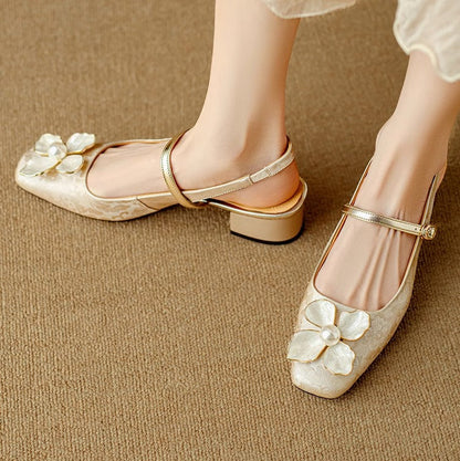 Women's Floral Mary Jane Block Heel Pumps — side view