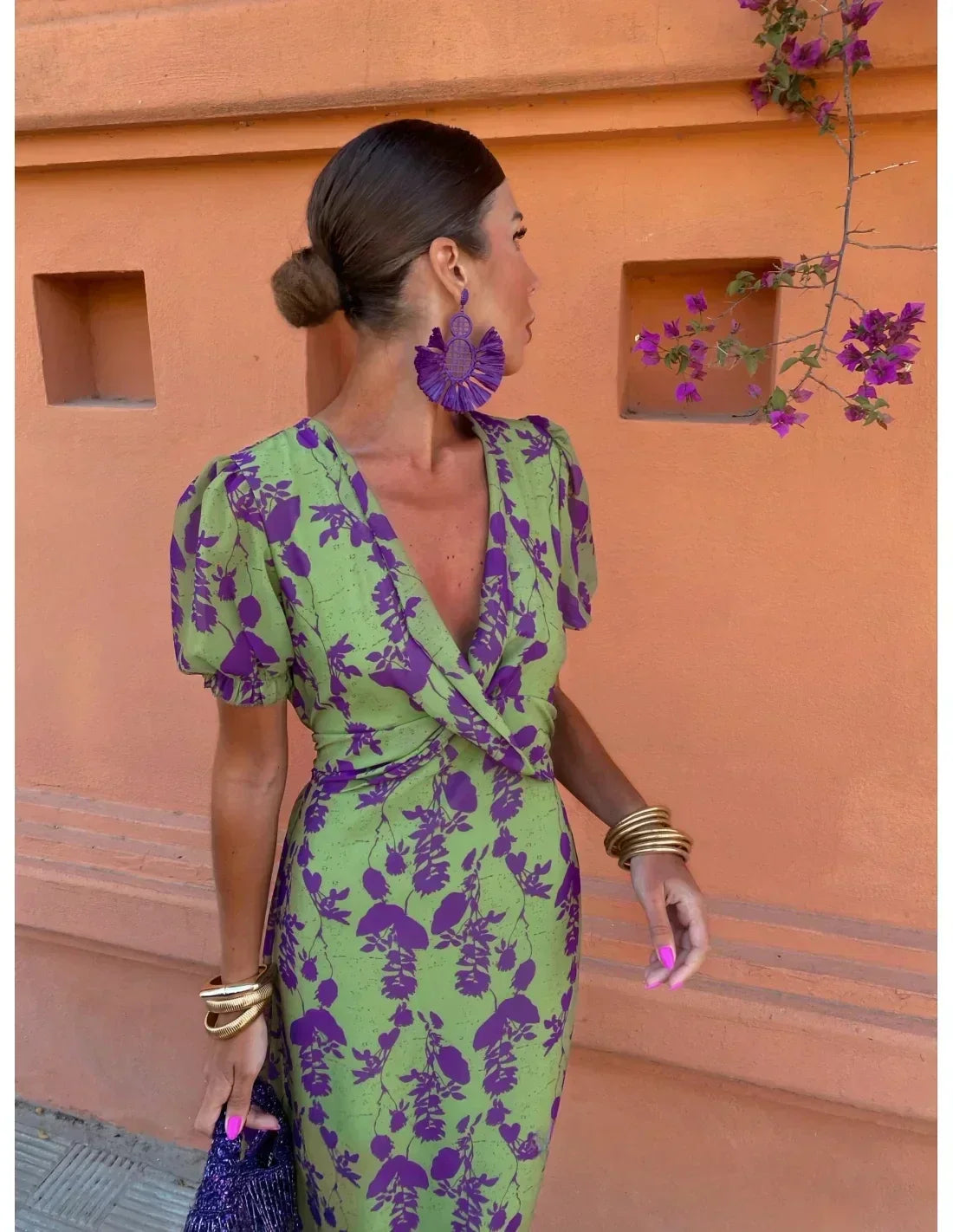 V-Neck Floral Print Midi Dress for Women