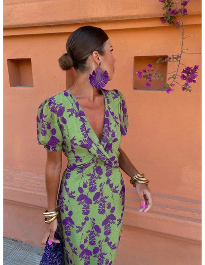 V-Neck Floral Print Midi Dress for Women