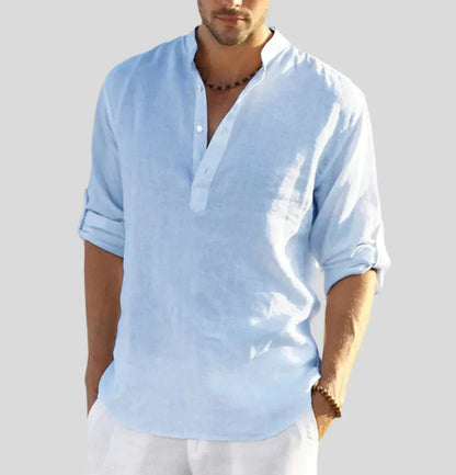 Arnaud Men's Linen Henly Shirt — close-up