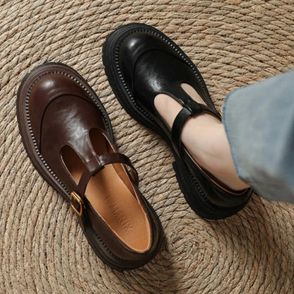 Women's T-Bar Mary Jane Brogue Round Toe Low Heel — front view