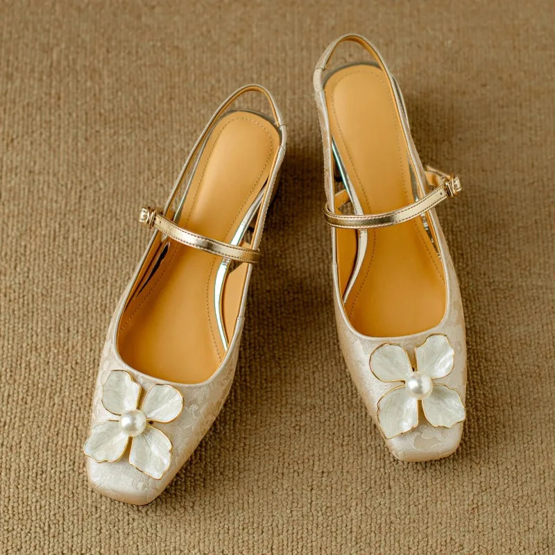 Women's Floral Mary Jane Block Heel Pumps — front view
