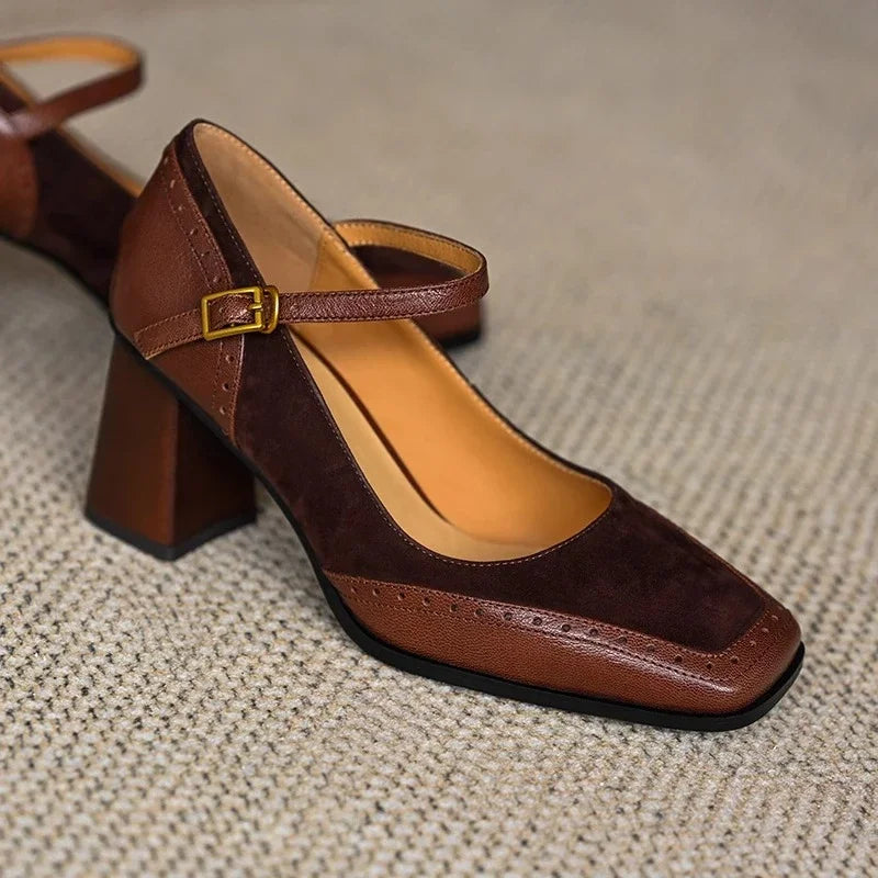 Women's Square Toe Block Heel Pumps Ankle Strap — side view