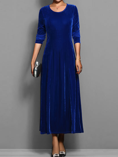 Royal blue velvet midi dress with three-quarter sleeves and A-line silhouette — front view