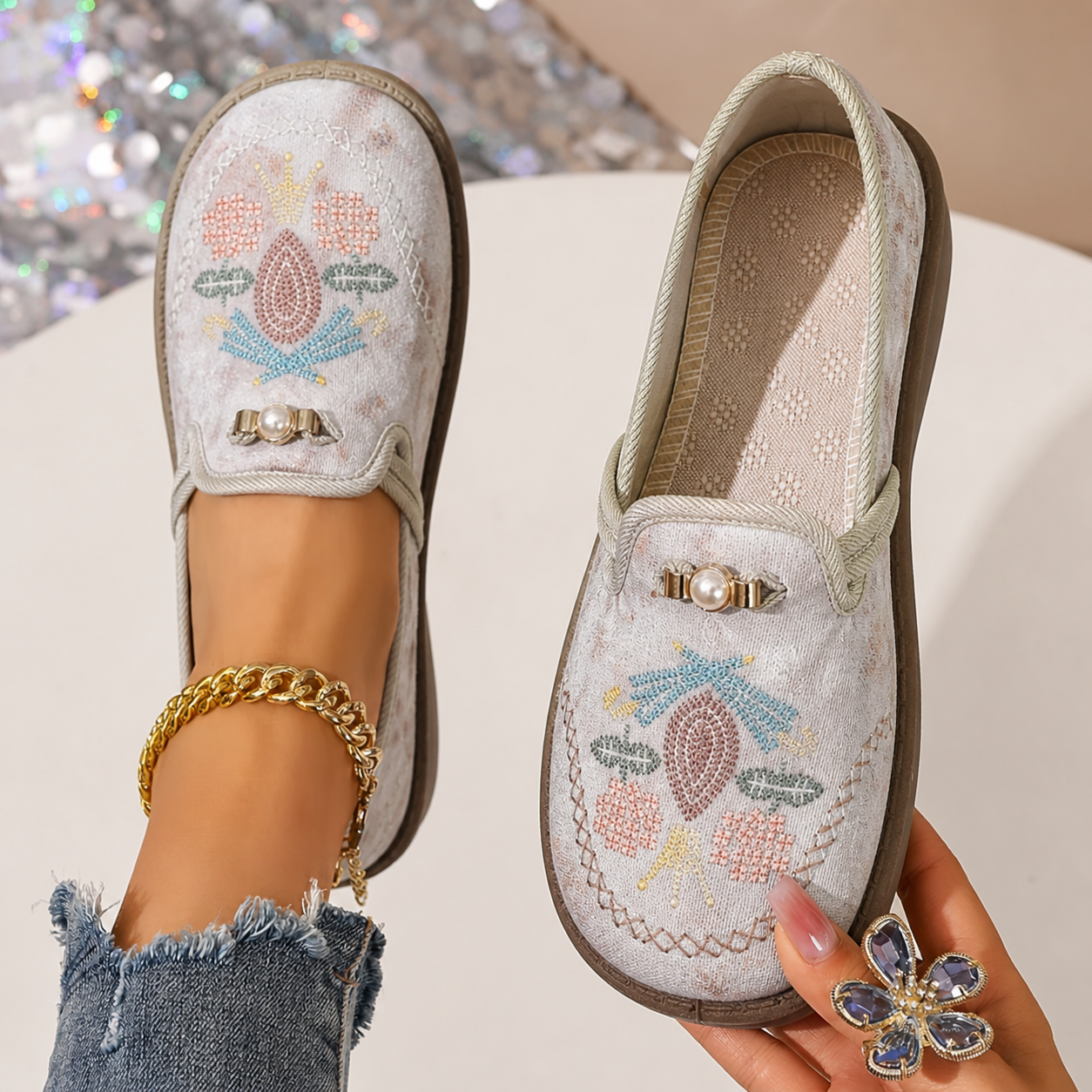 Women's Embroidered Floral Loafers — product view