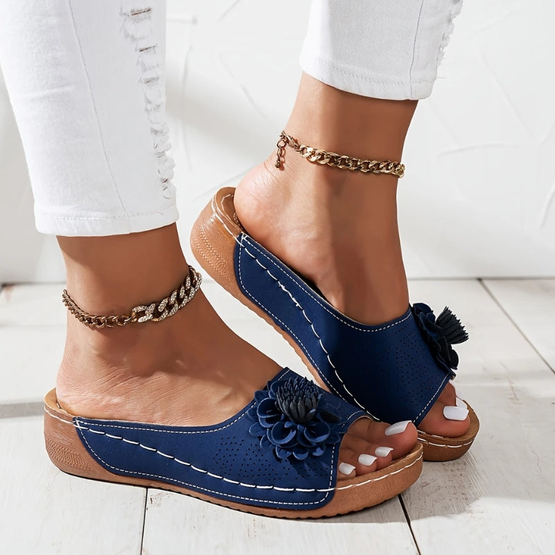 Women's Flower Wedge Slip-On Open Toe Slides — side view