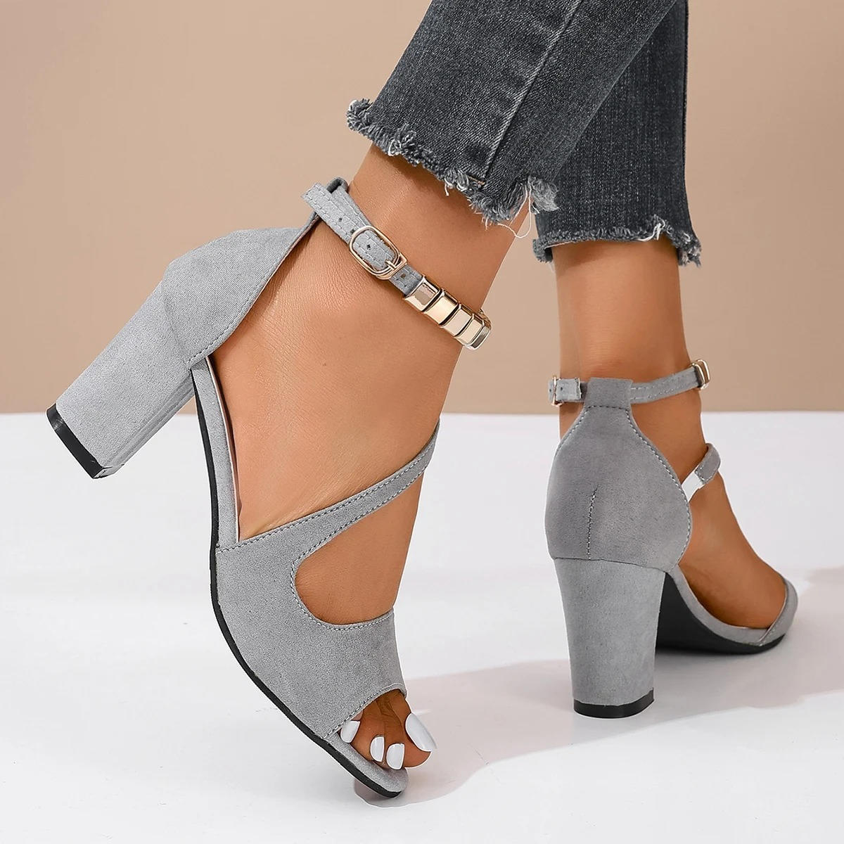 Women's Peep-Toe Block Heel Sandals with Ankle Strap — front view