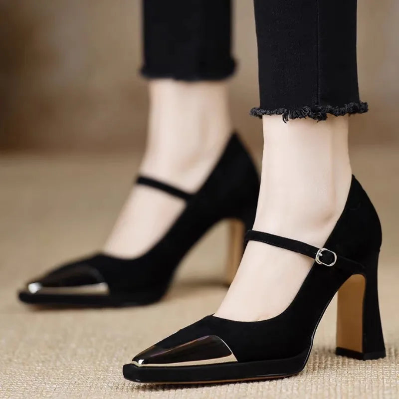 Women's Mary Jane Block Heel Pumps Cap Toe — front view