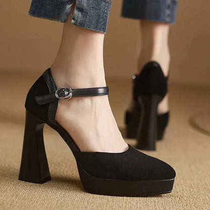 Women's Platform Block Heel Pumps Ankle Strap High Heels — side view