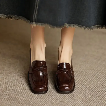 Women's Tassel Block Heel Loafer Pumps Round Toe — close-up