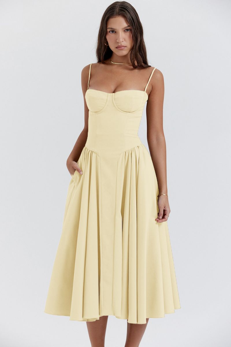 Pale yellow midi dress with bustier top and full circle skirt — front view