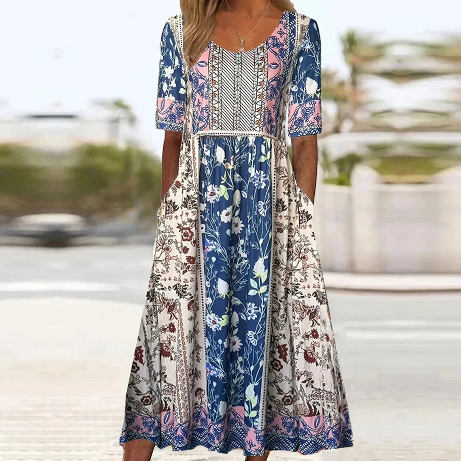 Women's Boho Print Casual Summer Midi Dress — detail view